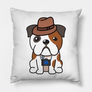 Funny bulldog is holding a camera Pillow