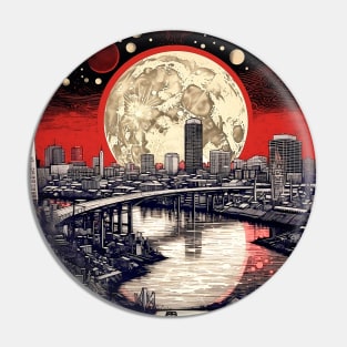Full Sturgeon and Blue Moon Over Portland, Oregon on a Dark Background Pin