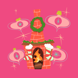 MCM Fireplace Cartoon Christmas Design with Pink Ornaments T-Shirt