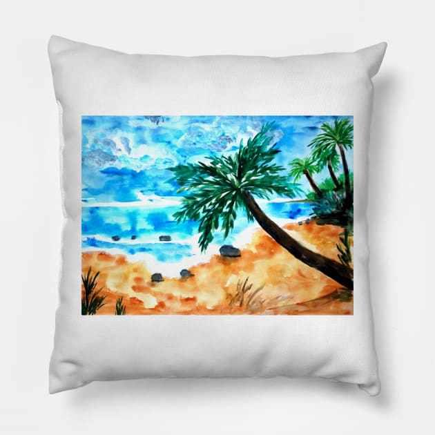 Sandy Beach and Palm Trees Pillow by ZeichenbloQ