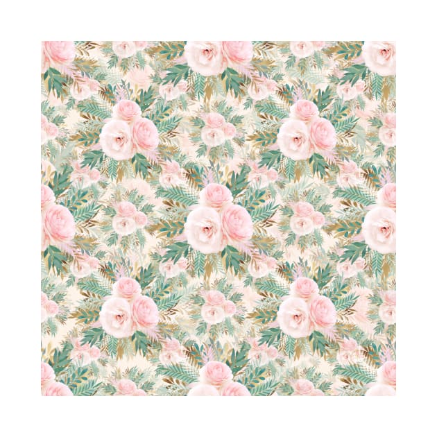 Elegant Blush Pink Roses Floral Mint Golden Leaves by NdesignTrend