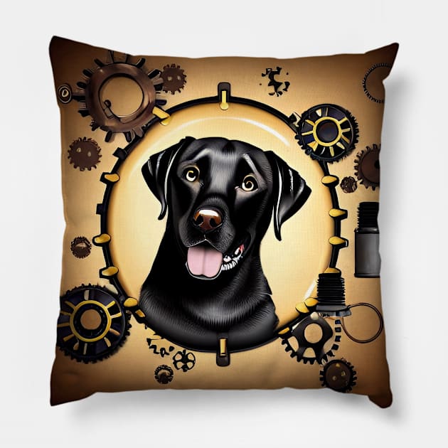 Steampunk Black Lab and Broken Gears Pillow by ArtistsQuest