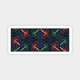 Red and Green Giant Squid Architeuthis Half Brick Repeat on dark blue Magnet