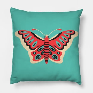 FOLK FLUTTER Folk Art Butterfly in Retro Red Turquoise Black Cream - UnBlink Studio by Jackie Tahara Pillow