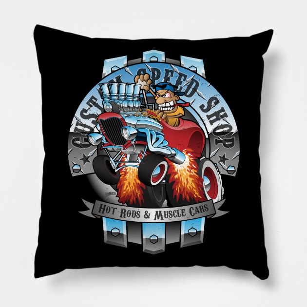 Custom Speed Shop Hot Rods and Muscle Cars Illustration Pillow by hobrath