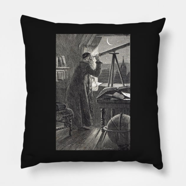 Copernicus observing the night sky with a telescope Pillow by artfromthepast