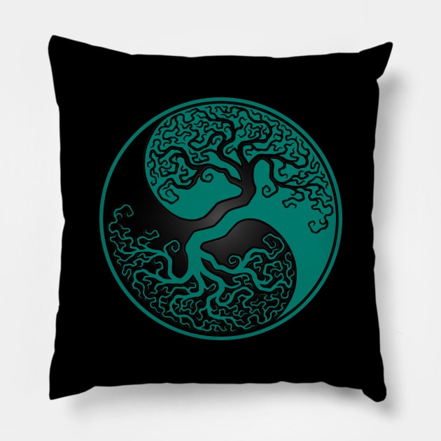 Teal Blue and Black Tree of Life Yin Yang Pillow by jeffbartels