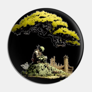 Contemplating the Complexities Under the Japanese Bonsai Tree No. 1 on a Dark Background Pin