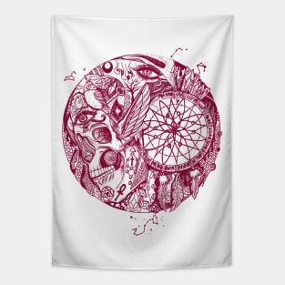 Burgundy Skull and Dreamcatcher Circle Tapestry