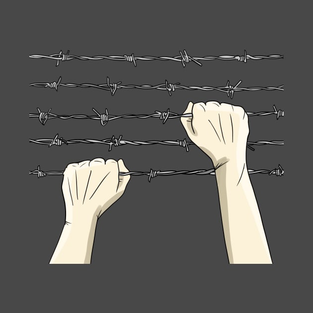 Hands climbing barbed wire by Artemis Garments