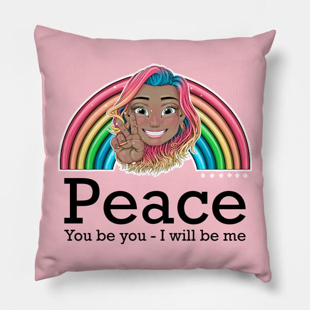 rainbow Reva Prisma peace sign emoji (black text) Pillow by Mei.illustration