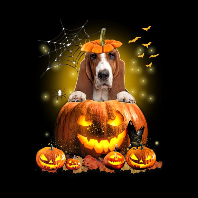 Basset Hound Spooky Halloween Pumpkin Dog Head by Red and Black Floral