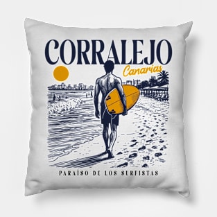 Vintage Surfing Corralejo, Canary Islands // Retro Surfer Sketch // Surfer's Paradise Pillow