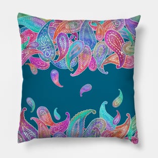 Rainbow Paisley Rain on Blue Pillow