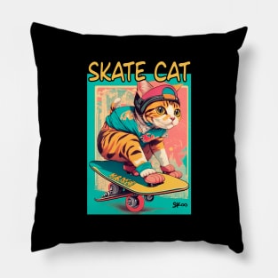 Skate Cat Vintage Tee, Funny Retro Animals on Skateboards Pillow