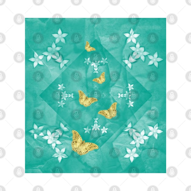 Gold butterflies and silver flowers on a textured teal mandala by hereswendy