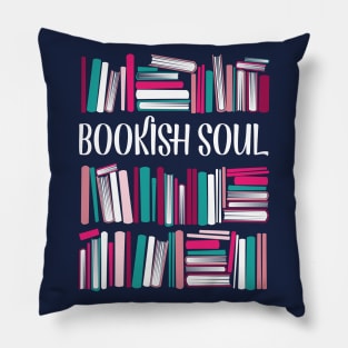 Bookish soul // oxford navy blue bookshelf background teal white fuchsia carissma and pastel pink books Pillow