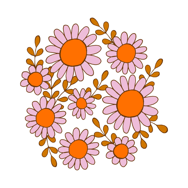 Retro 70s daisy flowers botanical design in orange and pink by Natalisa