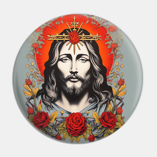 Vintage Retro Jesus Lithograph Portrait Pin by AI Art Originals