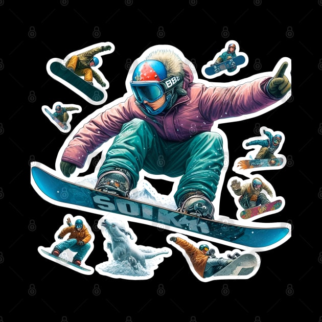 Frosty Freestyle Delight: Snowboarders' Frontside 360 Acrobatics in White, Red, Yellow, Black, Blue, and Orange Landscape by PopArtyParty