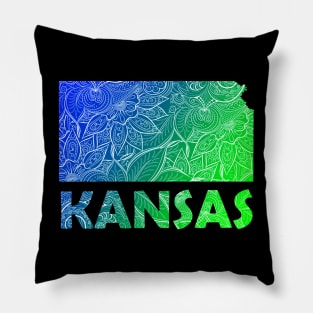 Colorful mandala art map of Kansas with text in blue and green Pillow