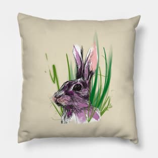 Rabbit in tall grass - animal portrait artwork Pillow