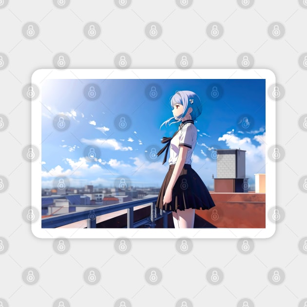 Anime Schoolgirl on Rooftop with City View - Anime Wallpaper Magnet by KAIGAME Art