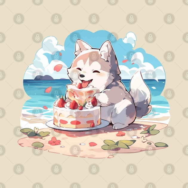 A husky dog enjoying a cake by the ocean by etherElric