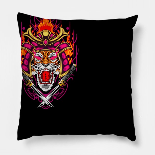 Fire Samurai Tiger 5 Pillow by Harrisaputra