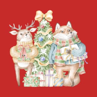 cute fox and deer with presents in front of christmas tree T-Shirt