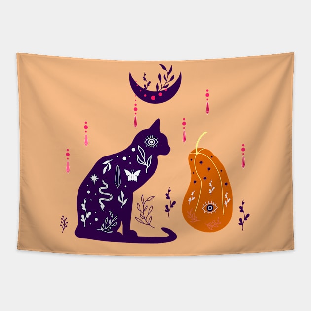 Magical illustration with pumpkin, moon, black cat Tapestry by Nataliia1112