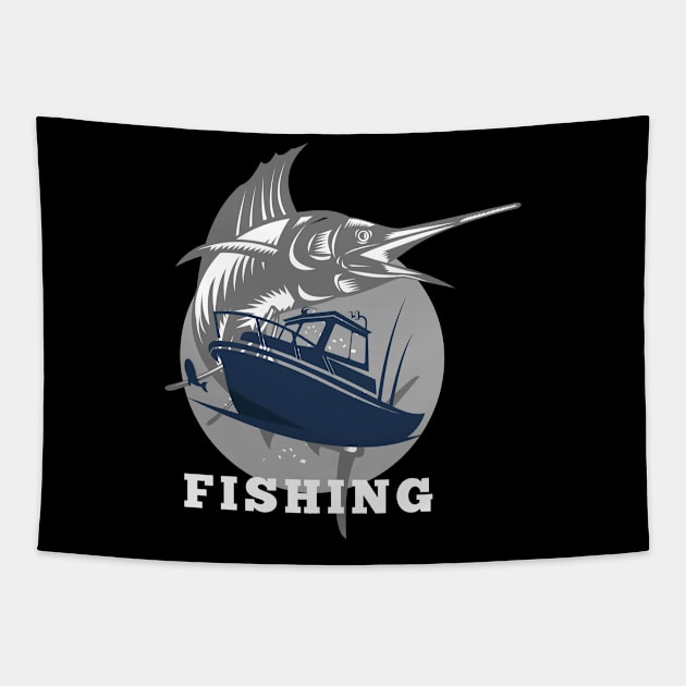 marlin fishing and boat white Tapestry by lmdesignco