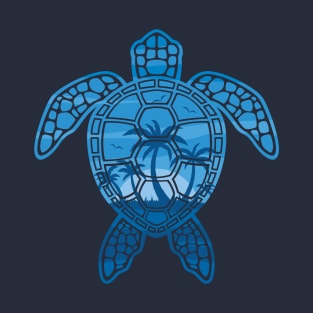 Tropical Island Sea Turtle Design in Blue T-Shirt