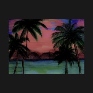 PINK TROPICAL SUNSET SCENE DRAWING DECO POSTER BEACH PALM TREES T-Shirt