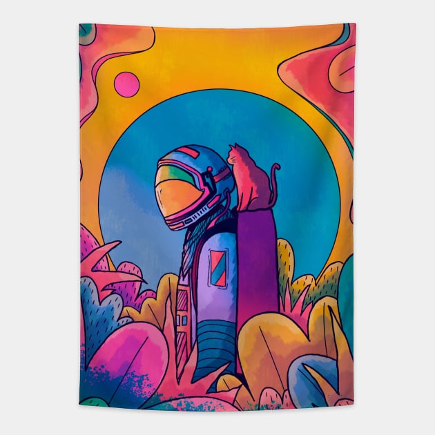 The astronaut and cat Tapestry by Swadeillustrations