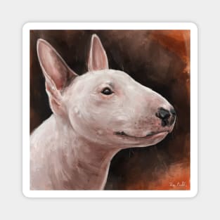 A Painting of a Bull Terrier Smiling on Hot Dark Orange Background Magnet