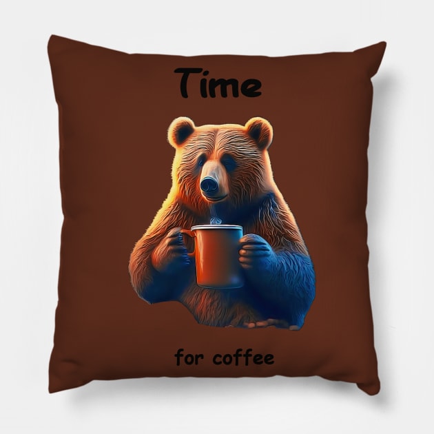 A bear is holding a steaming mug of coffee Pillow by Hujer