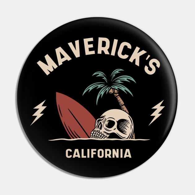 Vintage Surfing Mavericks Beach California // Retro Surf Skull Pin by Now Boarding