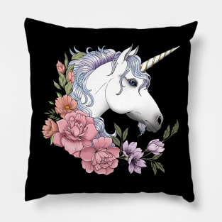 White Unicorn and Flowers Pillow