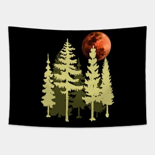 Vintage Conifers Landscape and Red Full Moon Tapestry