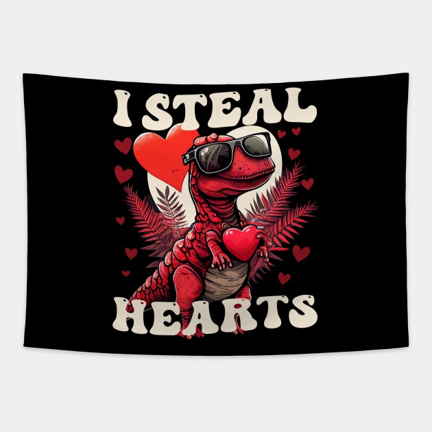 I Steal Hearts Dinosaur Valentine's Day Tapestry by CHNSHIRT