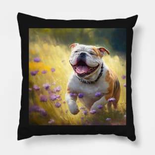 Wildflowers and Bulldog Impressionist Art Print Pillow