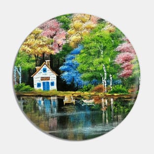 Autumn forest and lake house Pin