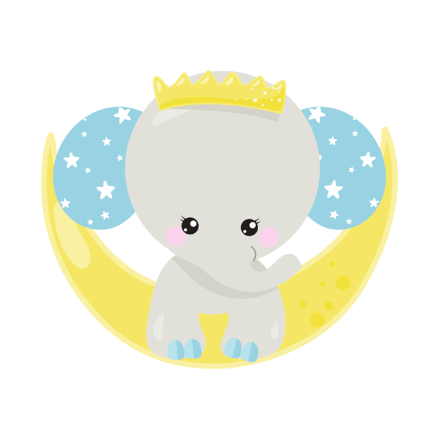 Cute Elephant, Elephant On The Moon, Crown, Stars by Jelena Dunčević