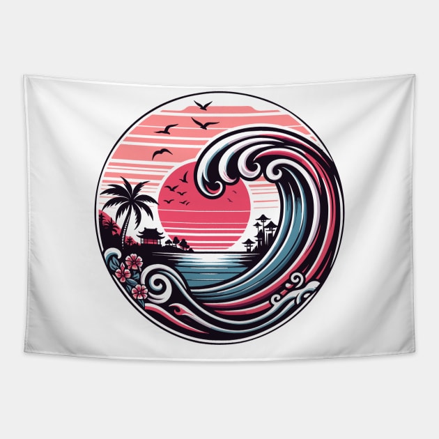 Modern Wave Sunset Tapestry by The Tee Bizarre