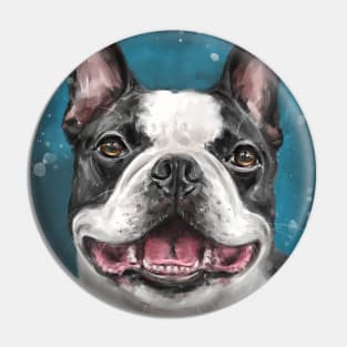 Painting of a Happy Boston Terrier Smiling on Blue Background Pin