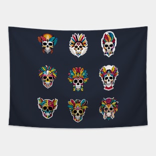 t-shirt design, colorful skull with feathers on it’s head, digital art Tapestry