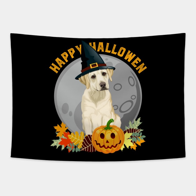 Happy Halloween Labrador Retriever Dog and Pumpkin Tapestry by RadStar