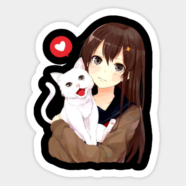 Anime Girl With Her Cat Cat Sticker Teepublic