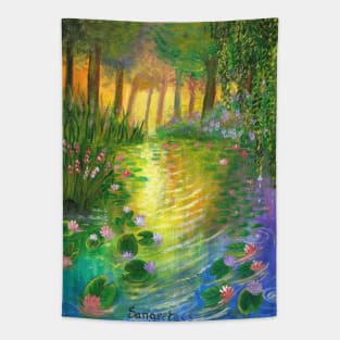 sunset on the pond of lotus and lily relaxing scenery acrylic painting Tapestry